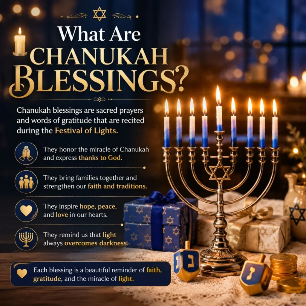 Chanukah blessings infographic with menorah candles, dreidels, gifts, and faith-inspired Festival of Lights message