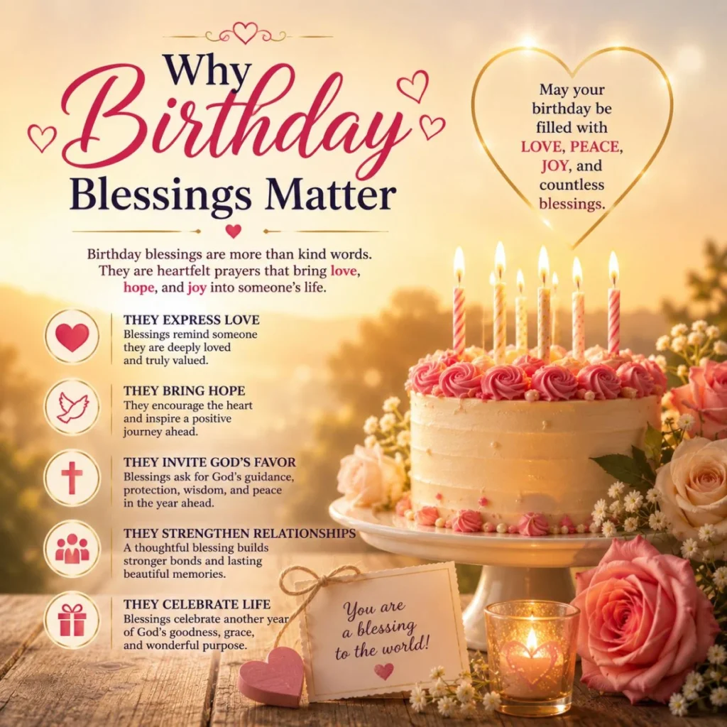 Why birthday blessings matter image with cake, candles, roses, hearts, and spiritual prayer icons
