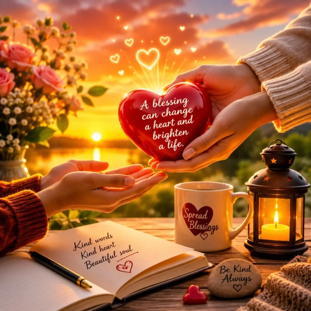 Hands sharing a heart at sunrise, symbolizing kindness, love, and heartfelt blessings