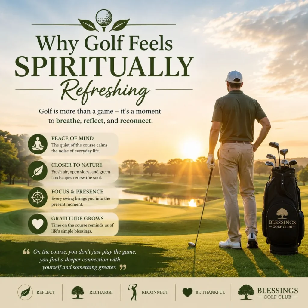 Blessings Golf Club sunrise scene with golf course, gratitude symbols, and inspirational golf club message