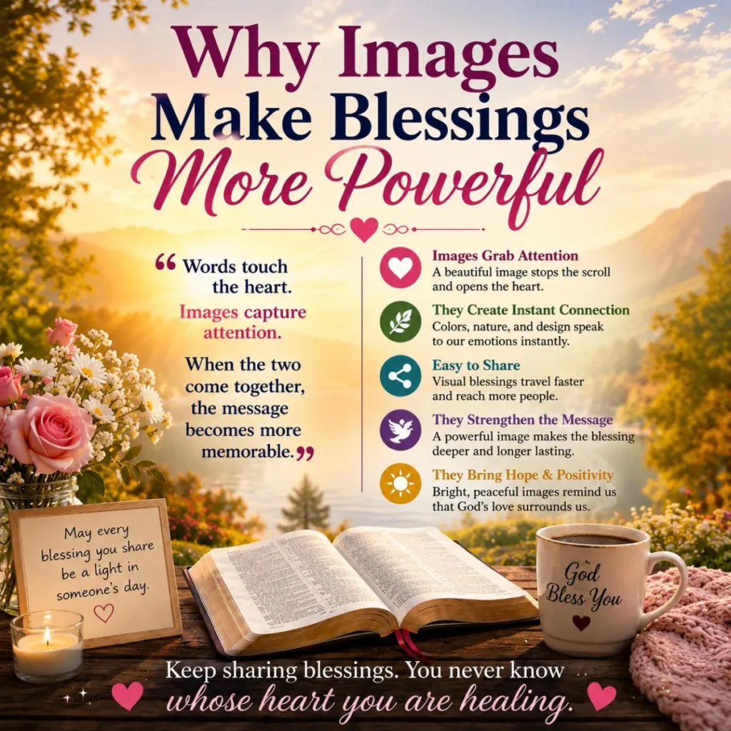 Inspirational Sunday blessings image showing Bible, flowers, sunrise, and message about why blessing images are powerful