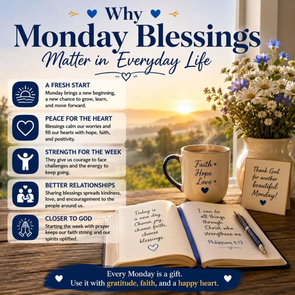 Monday blessings infographic with sunrise, prayer journal, flowers, and faith mug for a hopeful week