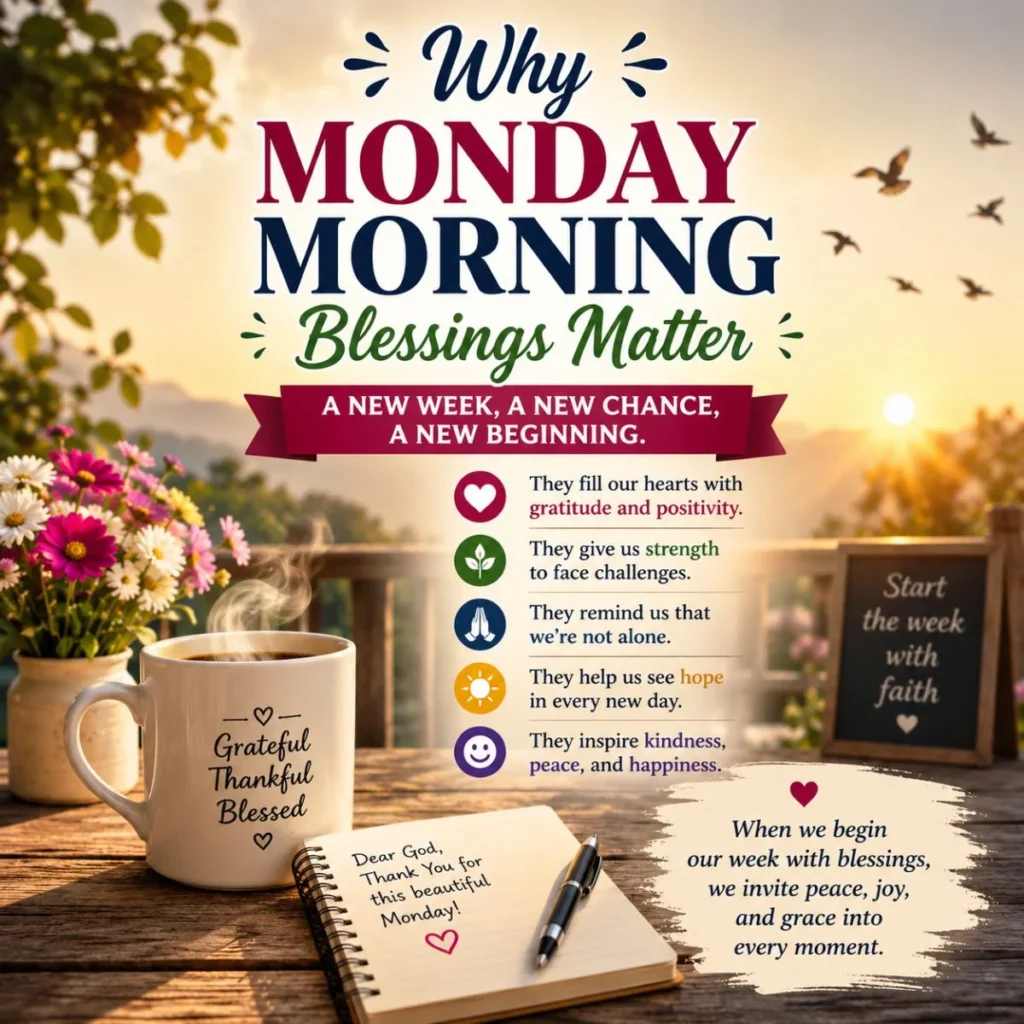 Why Monday morning blessings matter image with sunrise, coffee cup, gratitude journal, and inspirational messages
