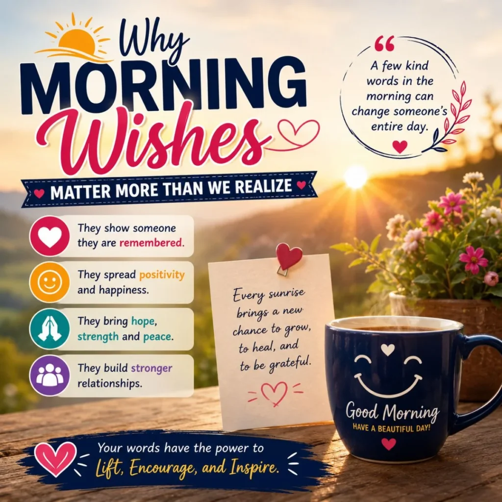 Morning wishes infographic with sunrise, coffee cup, flowers, and kind words about hope and positivity