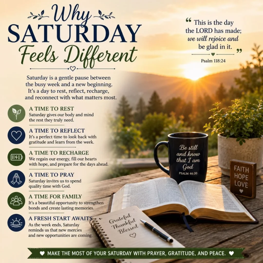 Why Saturday feels different with sunrise, Bible, prayer mug, gratitude journal, and peaceful weekend blessings