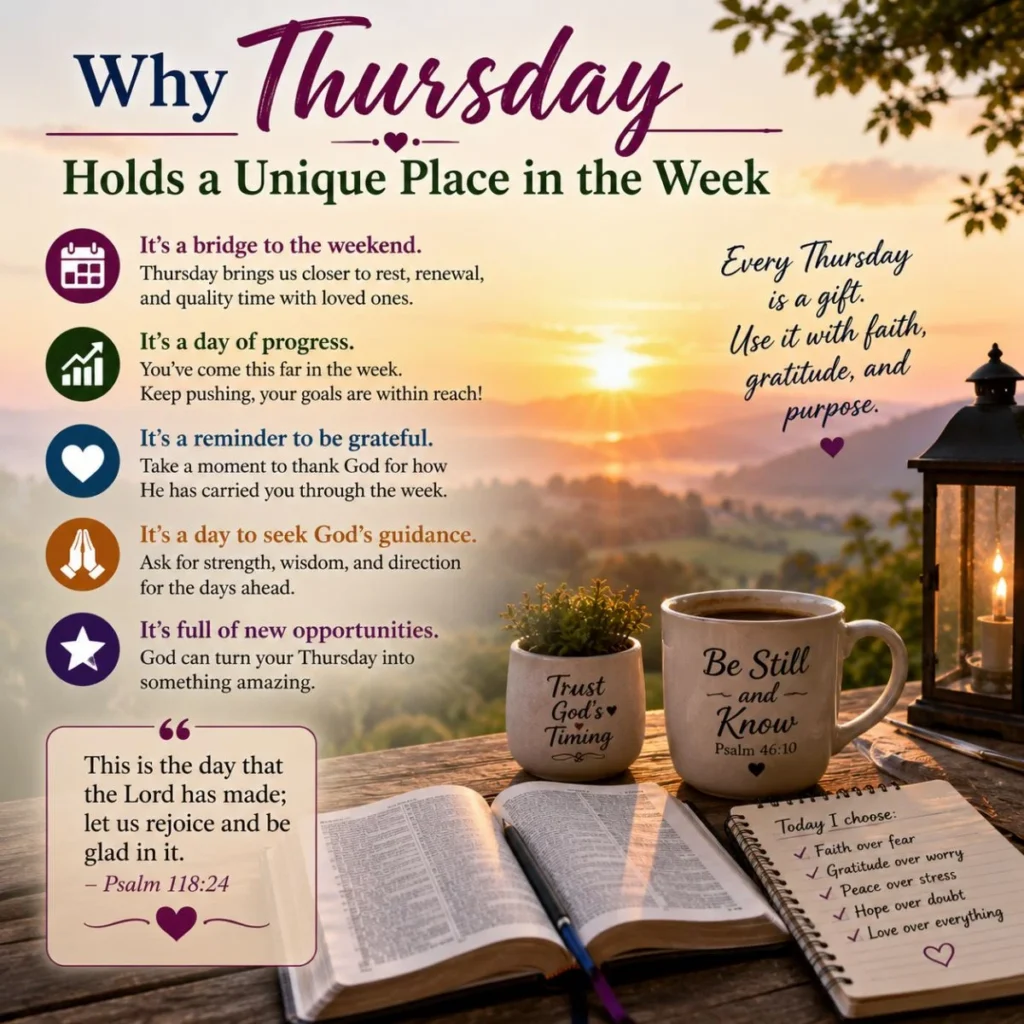 Thursday blessings image with sunrise, Bible, coffee, prayers, and peaceful morning inspiration