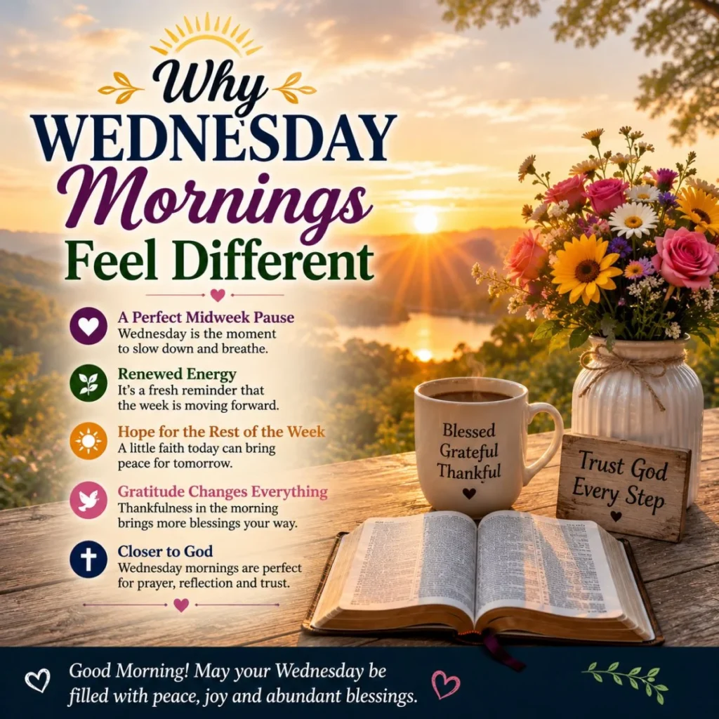 Wednesday morning blessings with Bible, sunrise, flowers, coffee, and peaceful midweek prayer