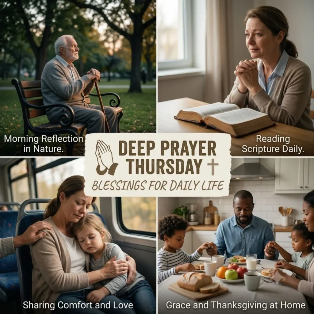 Collage of family, woman, man, and mother with daughter praying with text Deep Prayer Thursday Blessings for Daily Life.