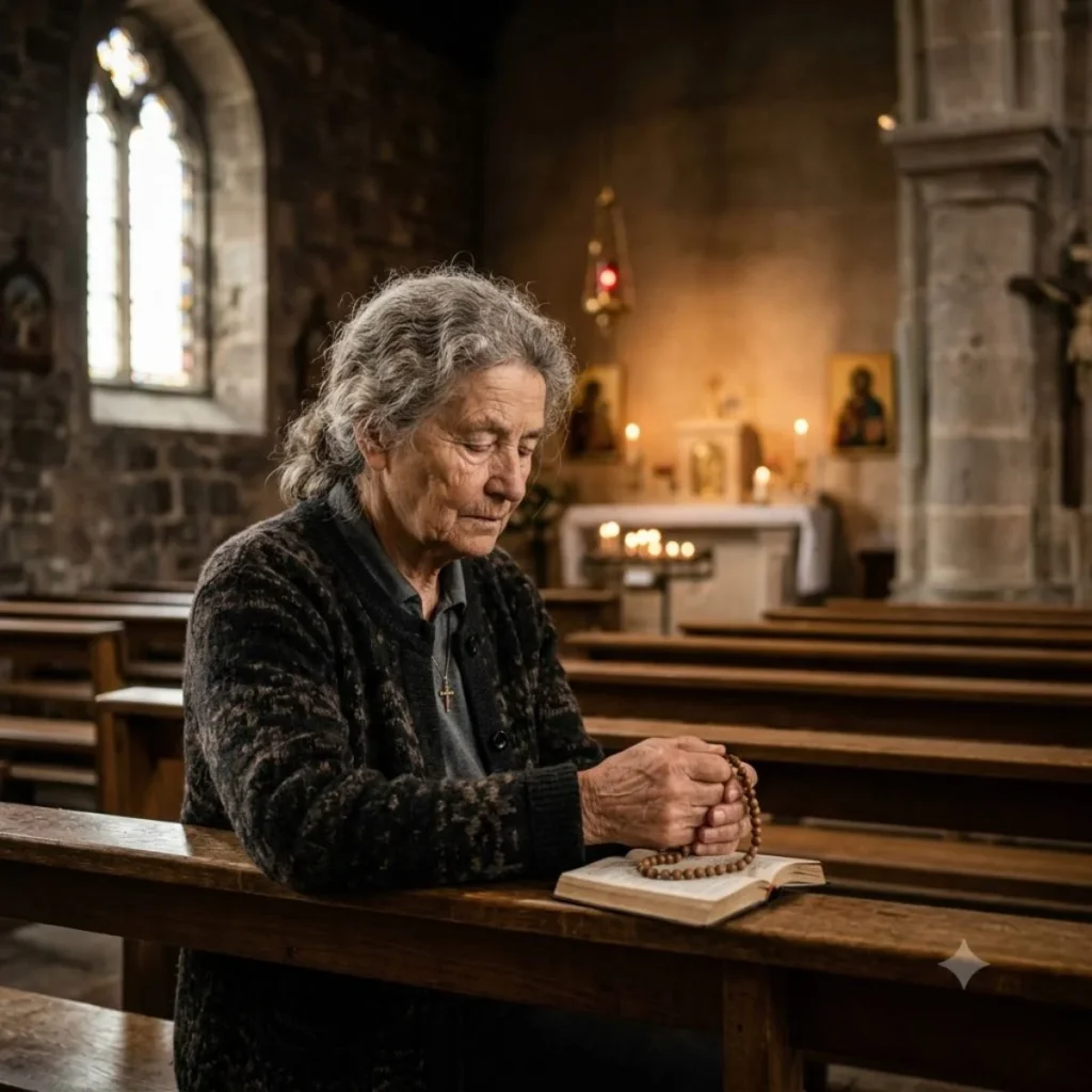 An elderly woman holding rosary beads over an open book while praying in a church pew.