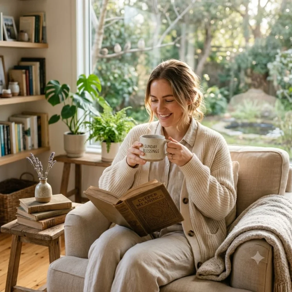 Woman reading a book titled Deeper Meanings and holding a Sunday Blessings mug in a cozy room
