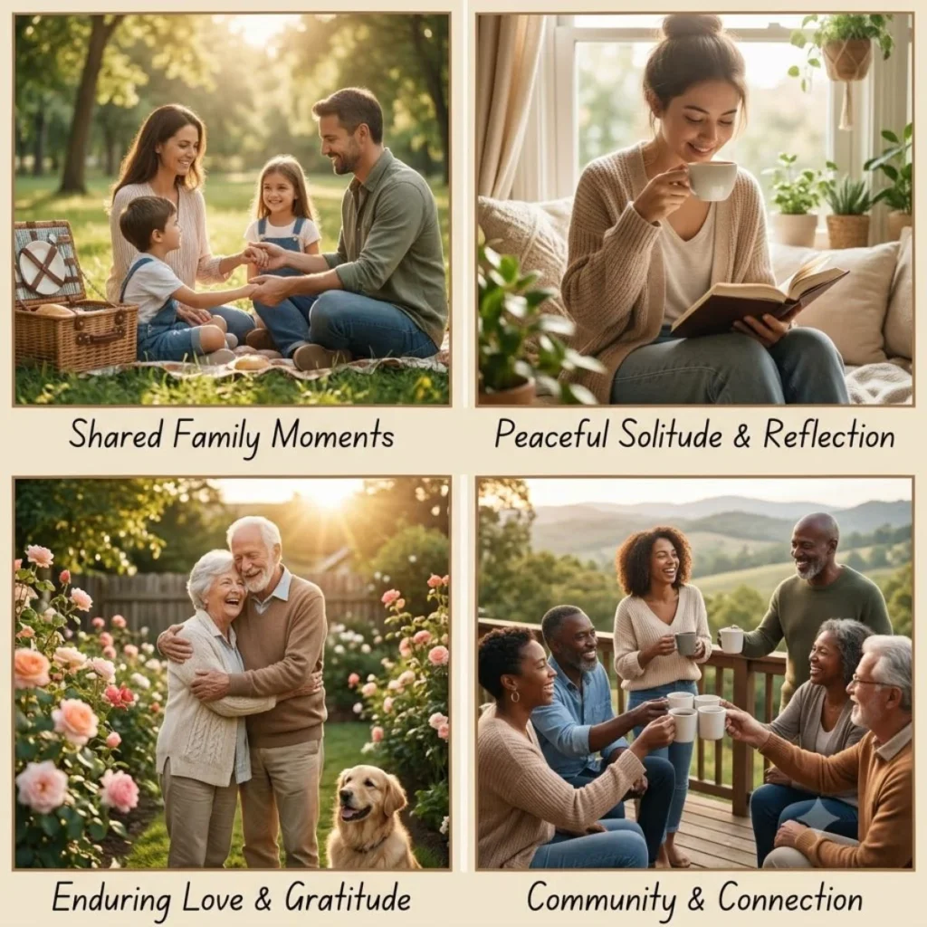 Four panels showing different ways people spend Sunday morning with family friends and in peaceful solitude