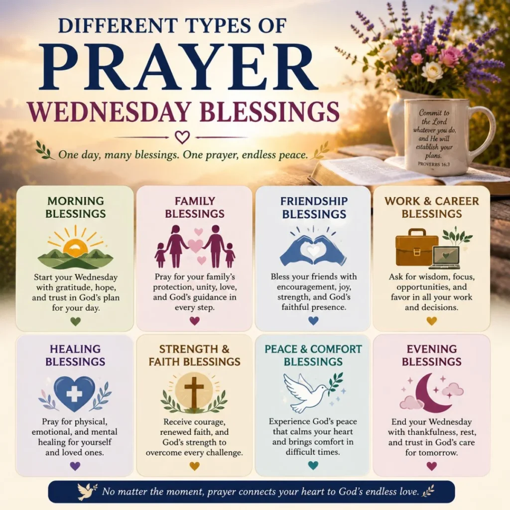 : Different types of Prayer Wednesday blessings with sunrise, Bible, and faith-inspired blessing categories