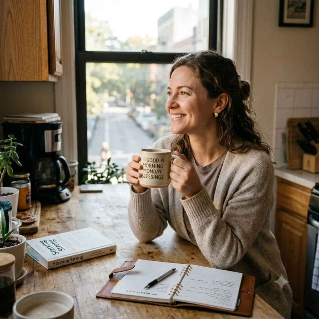 A woman smiling by a city window holding a Good Morning Monday Blessings mug with a weekly planner.