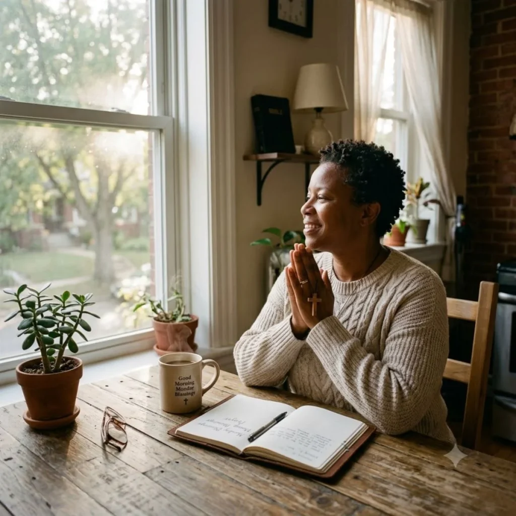 A woman praying with clasped hands near a window next to a Monday blessings mug and journal.