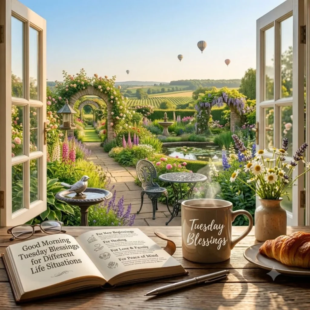 An open book listing life situations sits next to a Tuesday Blessings mug with a garden and hot air balloons outside.