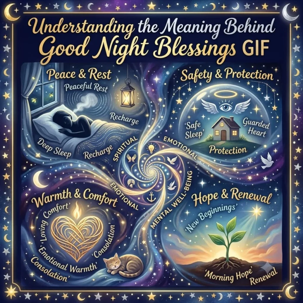 An artistic infographic illustrating "Good Night Blessings" themes like Peace, Safety, Warmth, and Hope with spiritual, emotional, and mental benefits.
