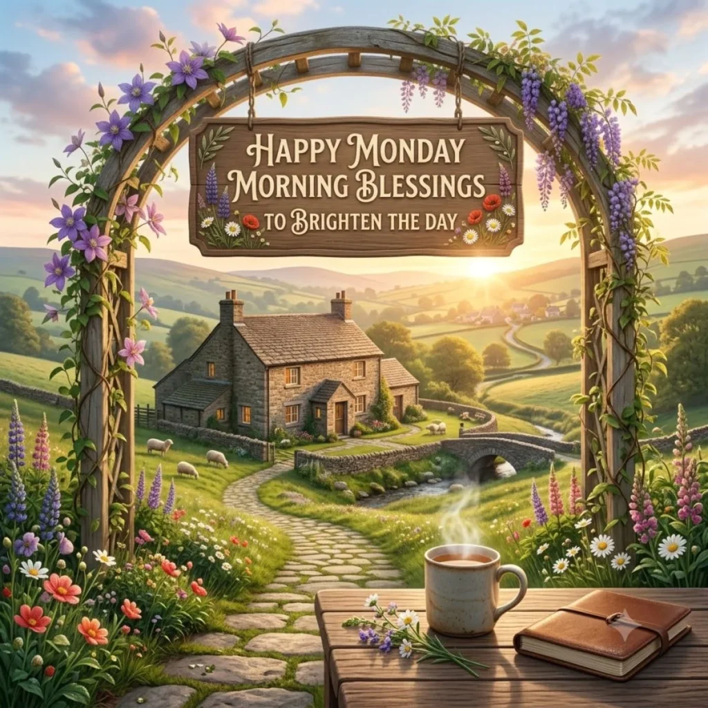 A peaceful country landscape under a floral arch with a hanging sign that says, happy monday morning blessings to brighten the day.
