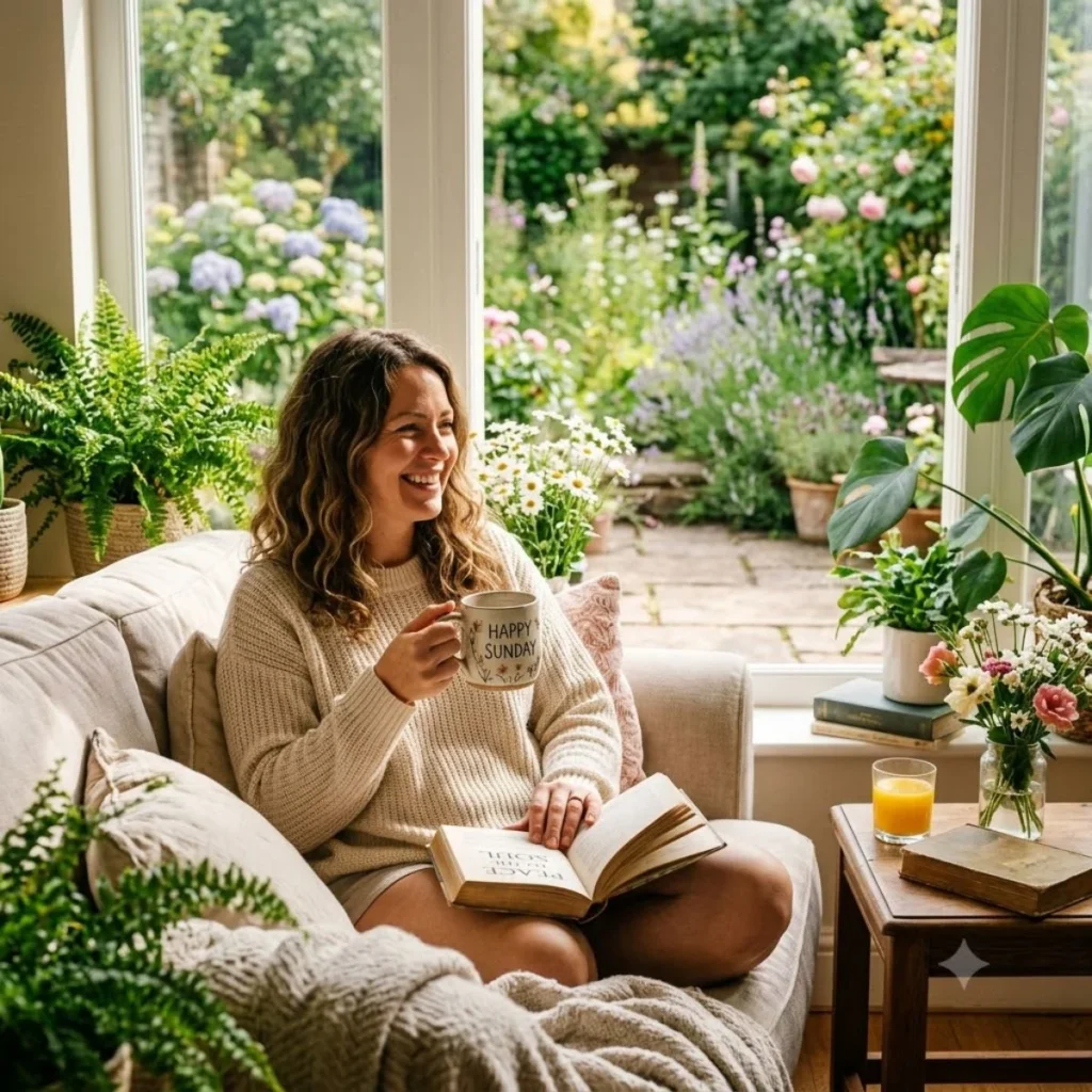 Woman relaxing on a sofa with an open book and a Happy Sunday mug overlooking a lush garden