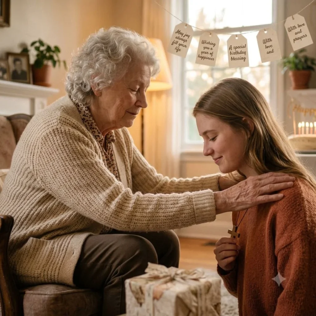 A grandmother giving a heartfelt birthday blessing to her granddaughter near hanging message tags.