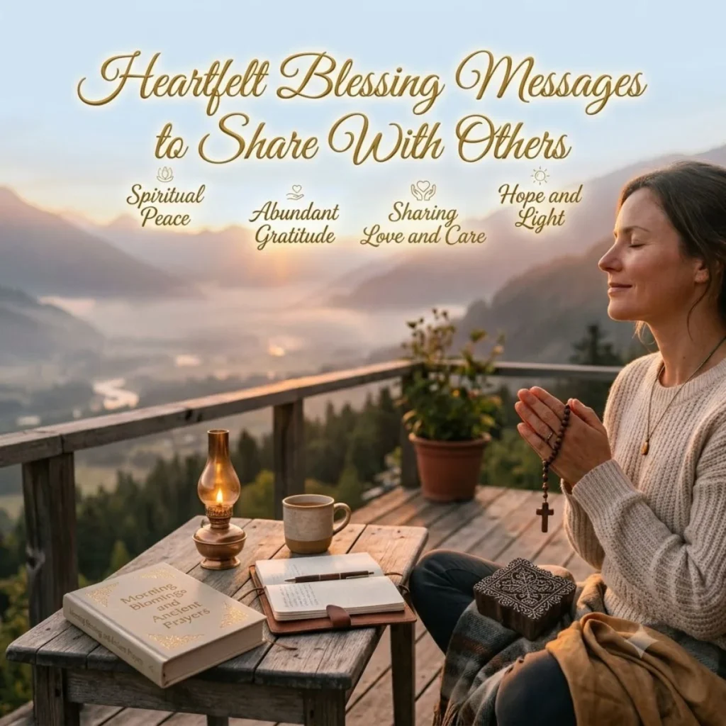 A woman praying peacefully at sunrise on a mountain balcony with text about sharing heartfelt blessing messages.