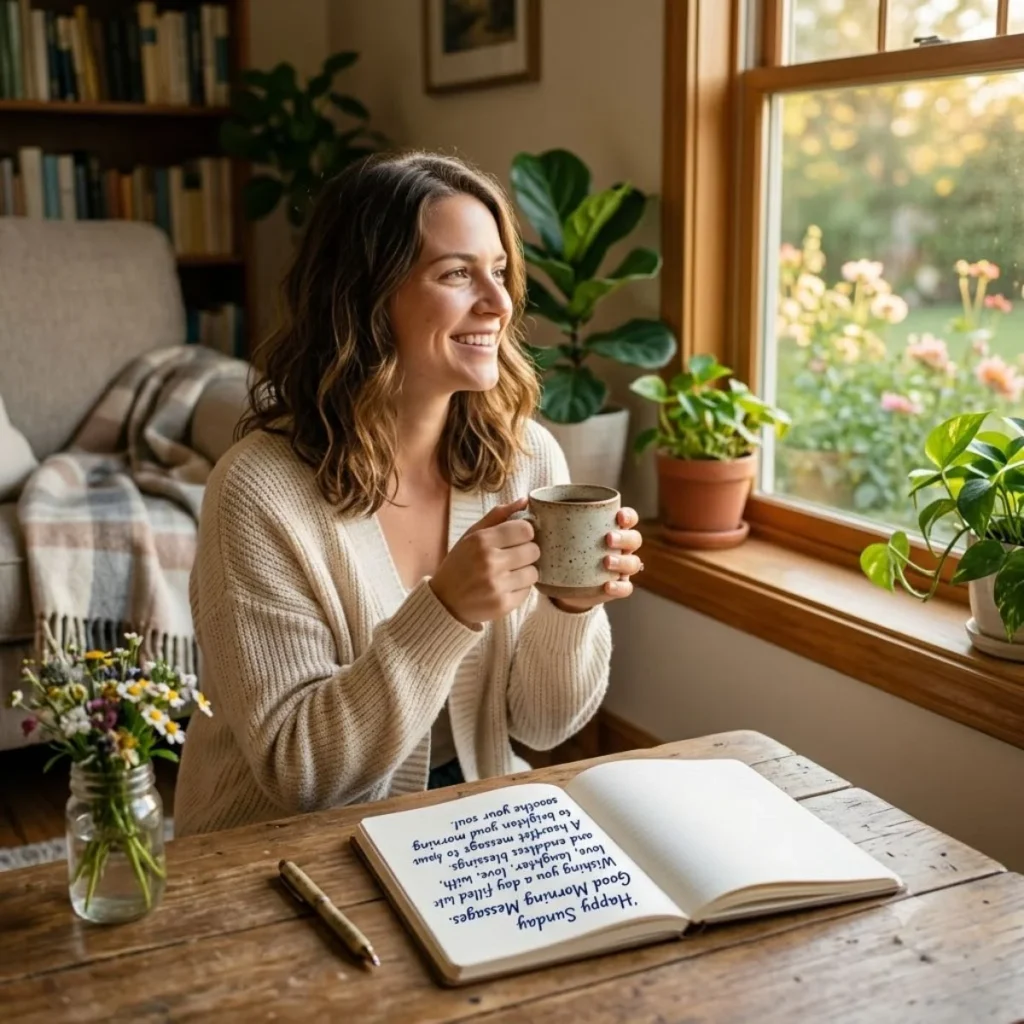 A smiling woman sitting by a bright window holding a coffee cup next to an open notebook filled with morning messages