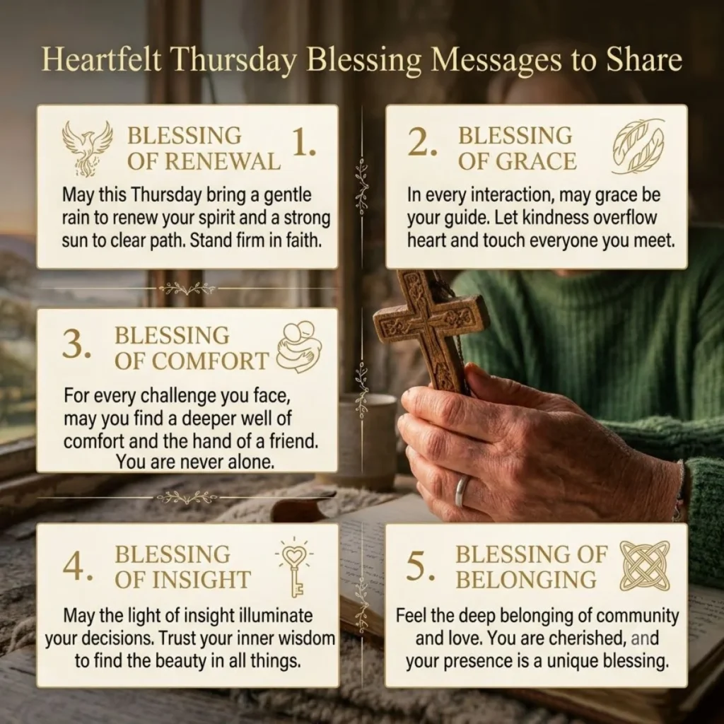 Graphic listing five heartfelt Thursday blessings alongside a person holding a small wooden cross.