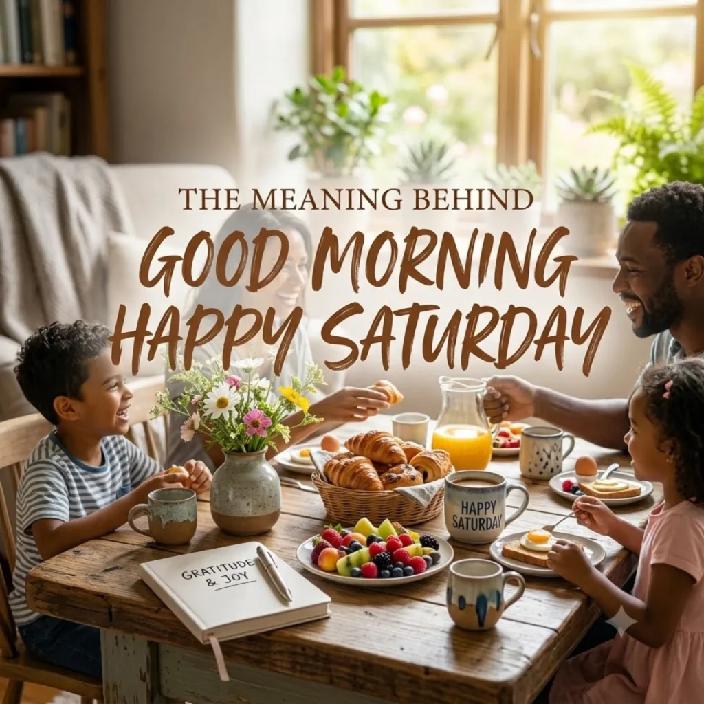 Family enjoying a happy Saturday morning breakfast together around a rustic wooden table filled with food
