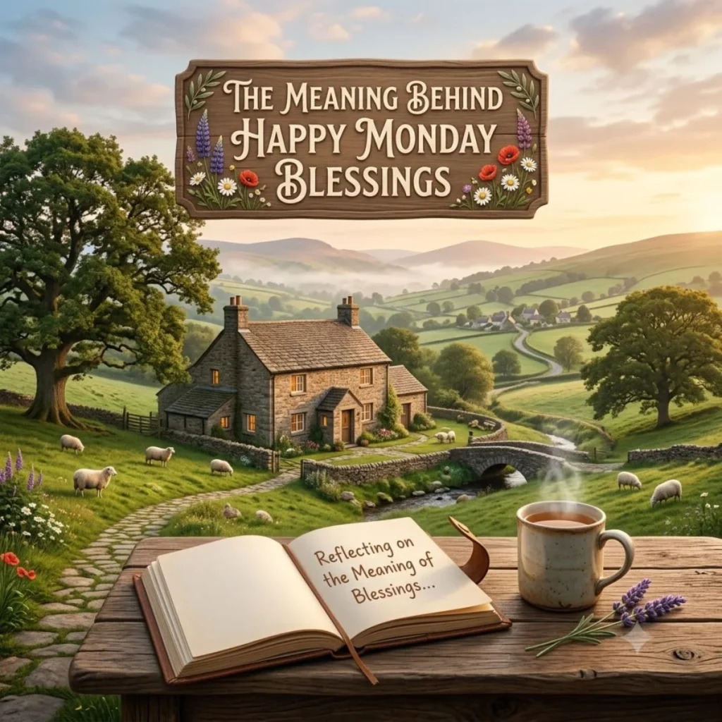 Steaming mug and open book on a table overlooking a valley with a sign reading the meaning behind happy monday blessings.