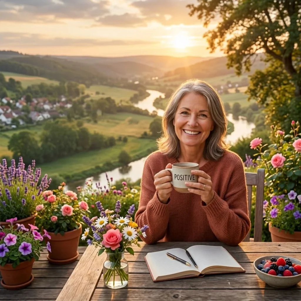 A smiling woman holds a mug on a scenic overlook with floral pots and a Tuesday morning blessings text overlay.