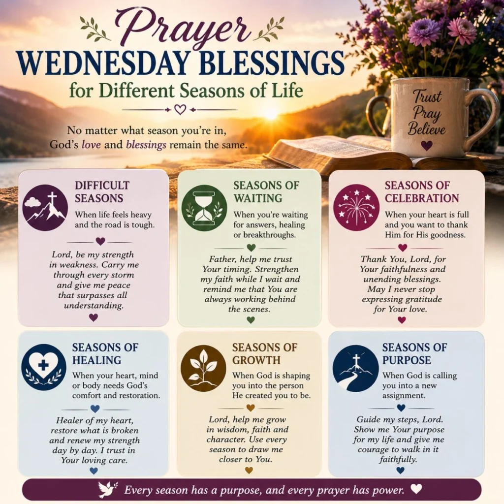 Prayer Wednesday blessings for different seasons of life with sunrise, open Bible, and inspiring faith-filled prayers