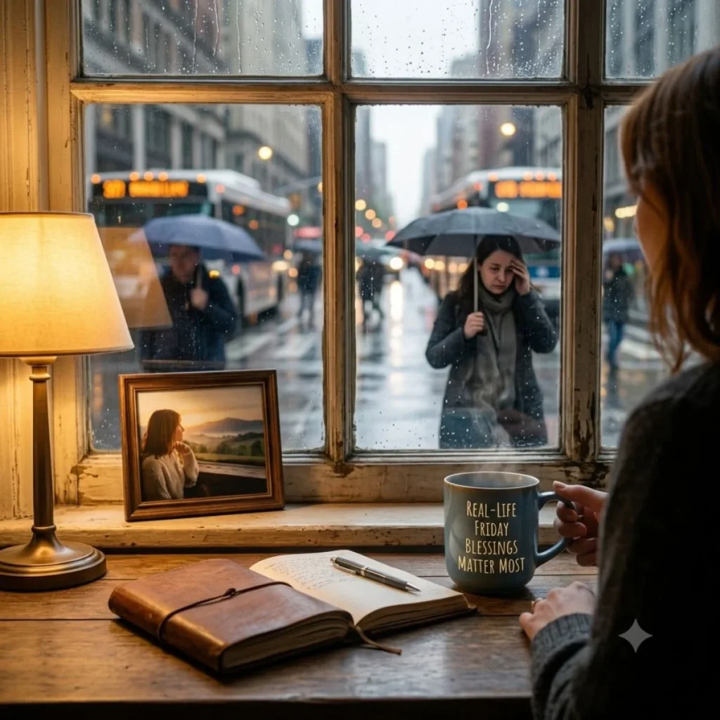 A woman holds a mug with real-life Friday blessings text, looking out at a rainy city street.