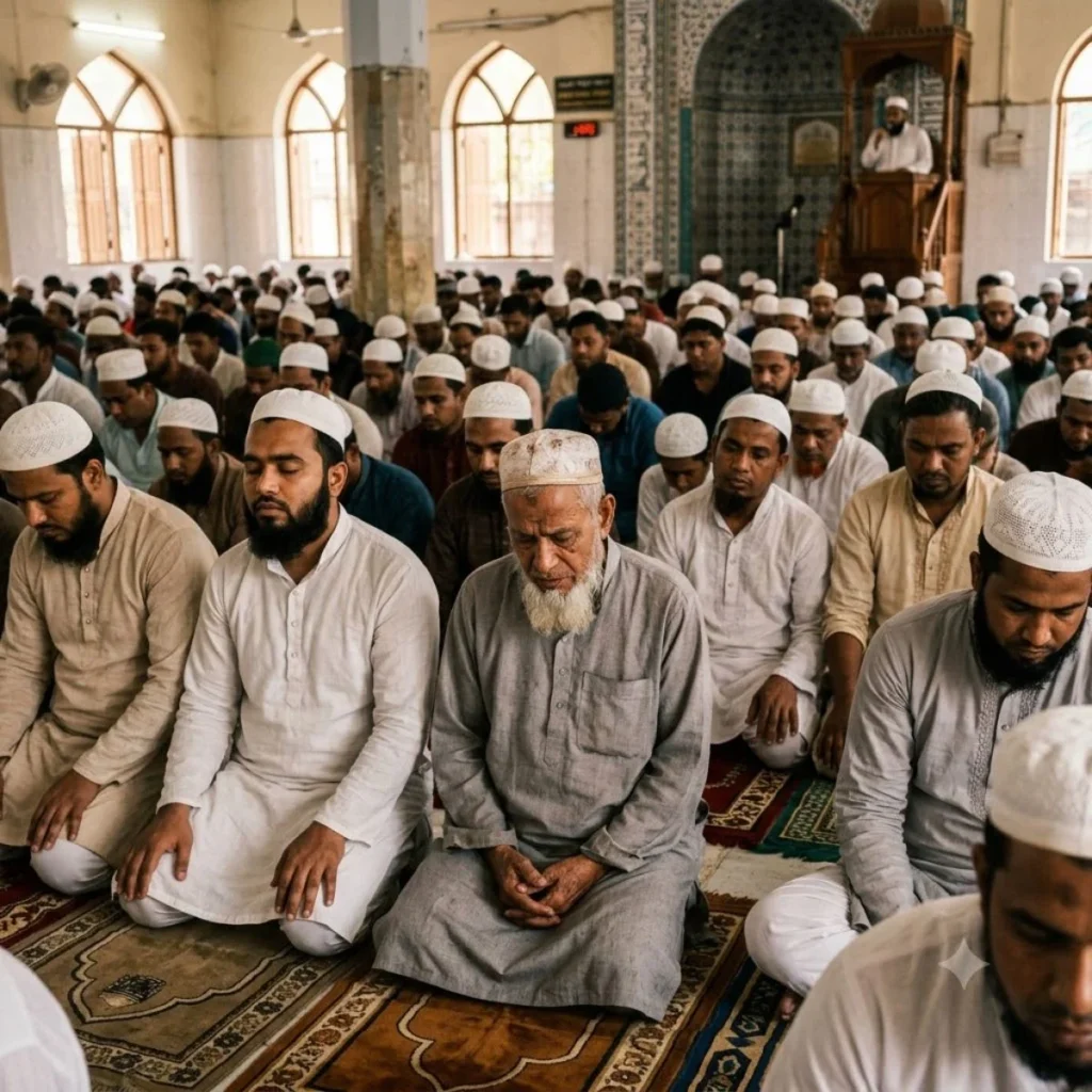 Muslim men sitting close together on mats inside a crowded mosque during Friday prayers