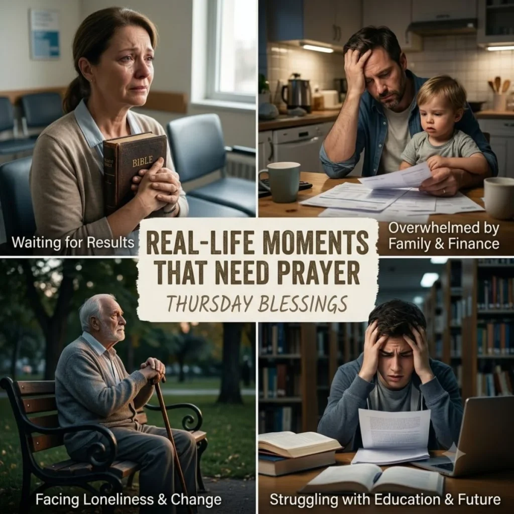 Collage of an elderly woman, a father comforting his daughter, and a group holding hands in prayer outdoors.