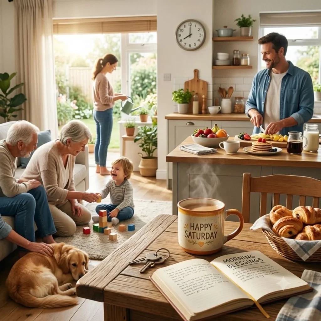 Multi generational family enjoying a peaceful Saturday morning at home with breakfast and activities