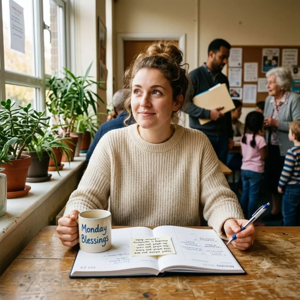 A smiling woman at a wooden table holds a Monday Blessings mug next to an open planner and sticky notes.