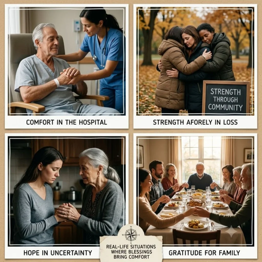 Four collage photos showing family and community comfort.
