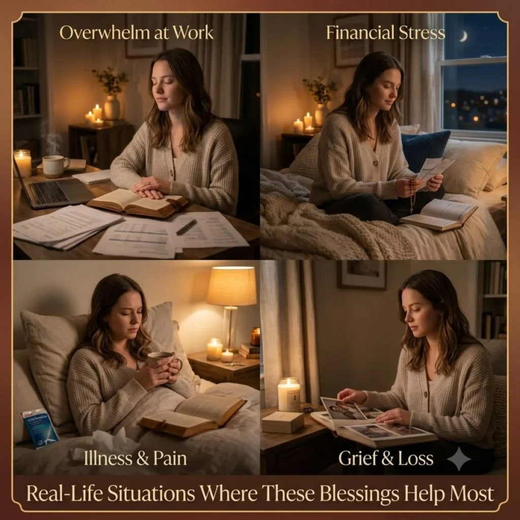 Four panels showing a woman experiencing work overwhelm, financial stress, illness, and grief in a candlelit home.