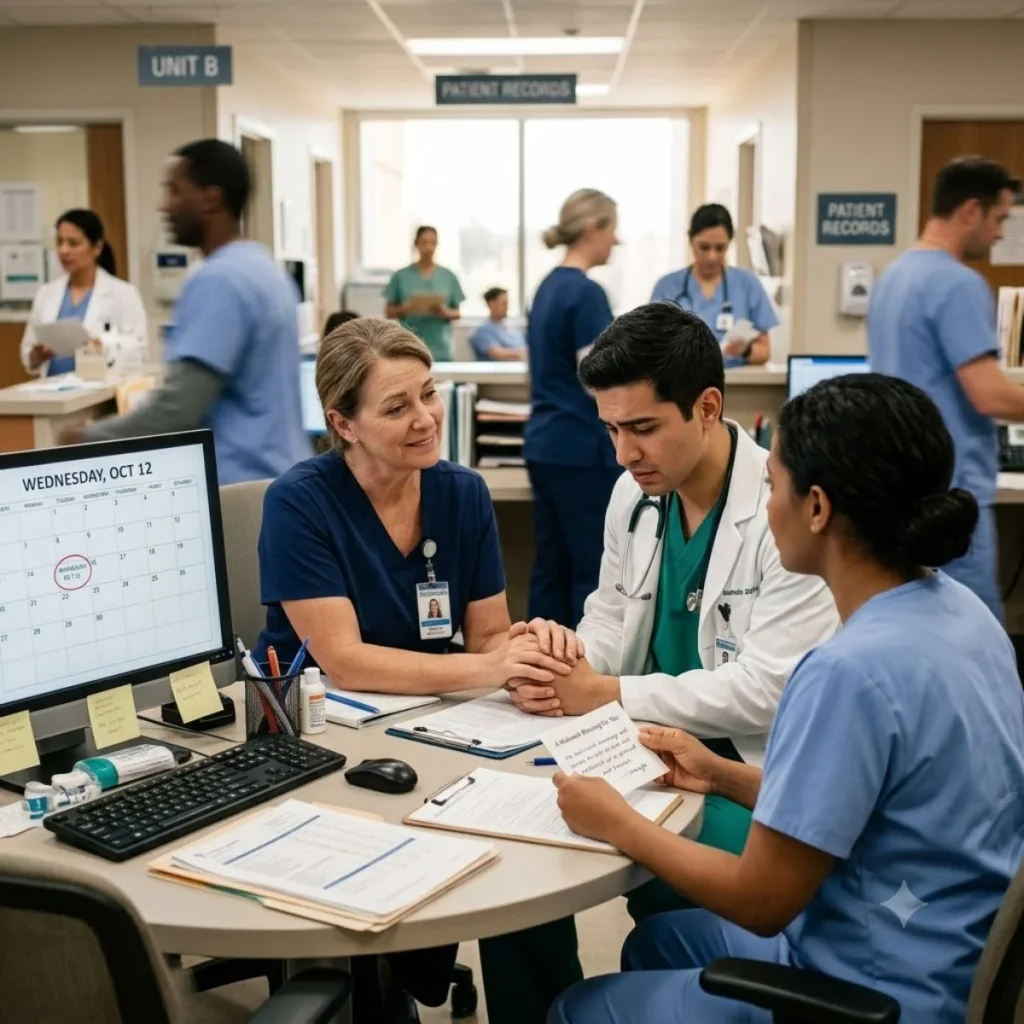 Healthcare workers comfort a stressed doctor at a hospital nurse station desk with a calendar showing Wednesday.