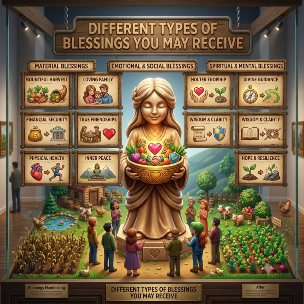A detailed museum diorama shows the Stardew Valley Statue of Blessings with illustrated plaques of material and spiritual gains.