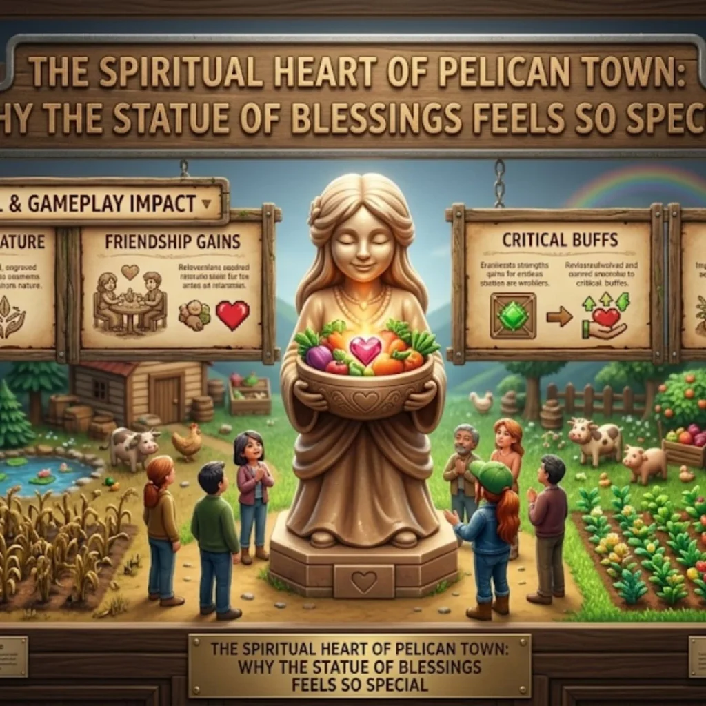 A photorealistic diorama exhibit of the Stardew Valley Statue of Blessings with miniature people, in a museum display case.