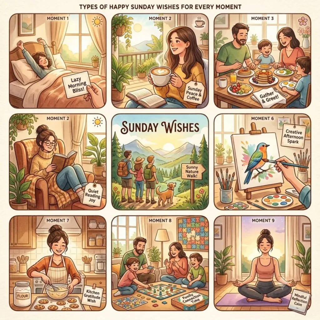 Grid of illustrated panels showing different activities like family time, reading, painting, and yoga for Sunday wishes
