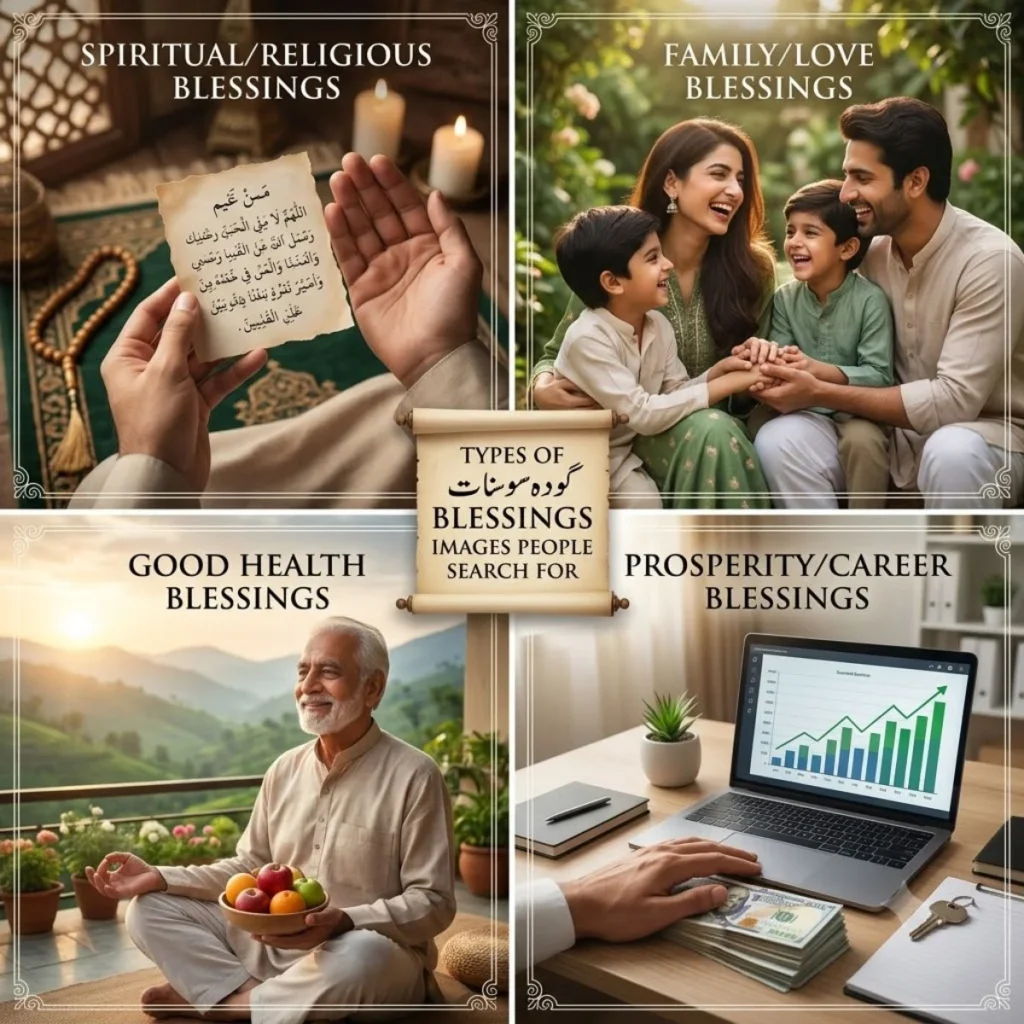 Infographic showing four categories of blessings including spiritual, family, good health, and prosperity.