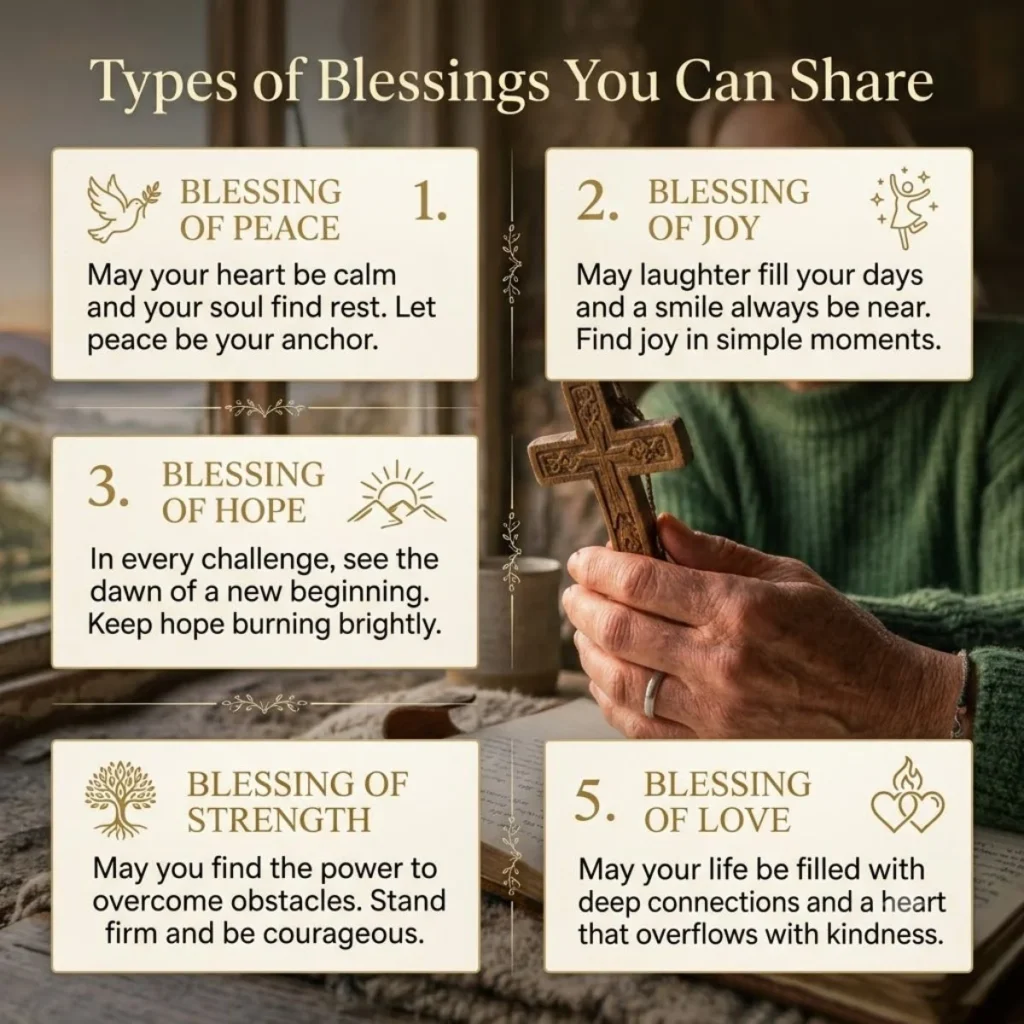 Infographic showing five types of blessings next to a person holding a wooden cross.