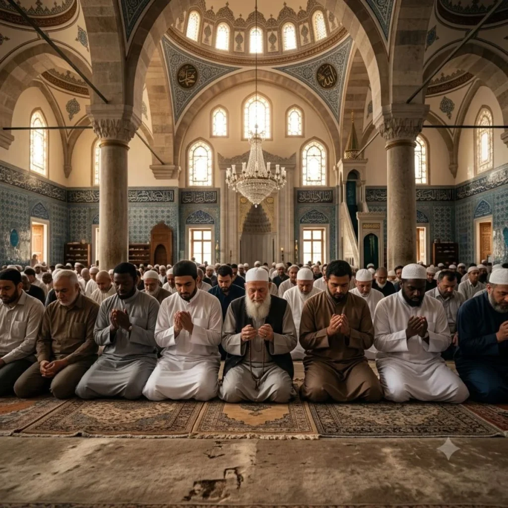 Devout Muslim men raising their hands in prayer inside a beautiful grand mosque during Friday Jumuah.