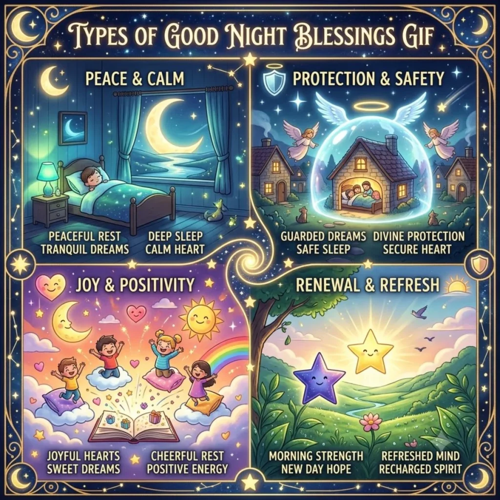 An illustrative infographic displaying four types of good night blessings: Peace, Protection, Joy, and Renewal.