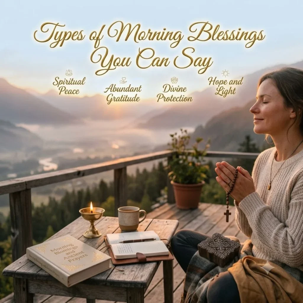 A woman praying at sunrise on a wooden deck with gold text highlighting types of morning blessings.
