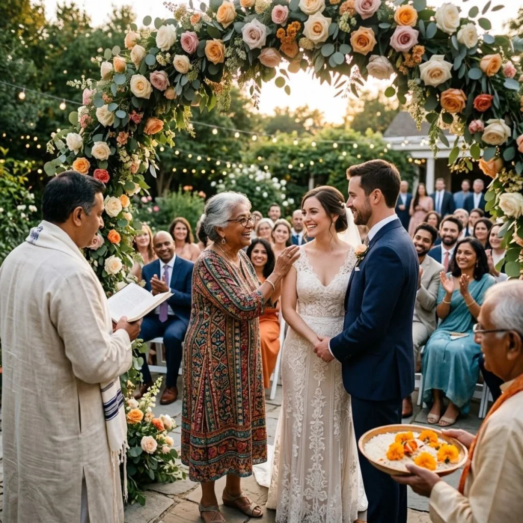 An elder offers a blessing to a smiling bride and groom under a floral arch during a multicultural ceremony.
