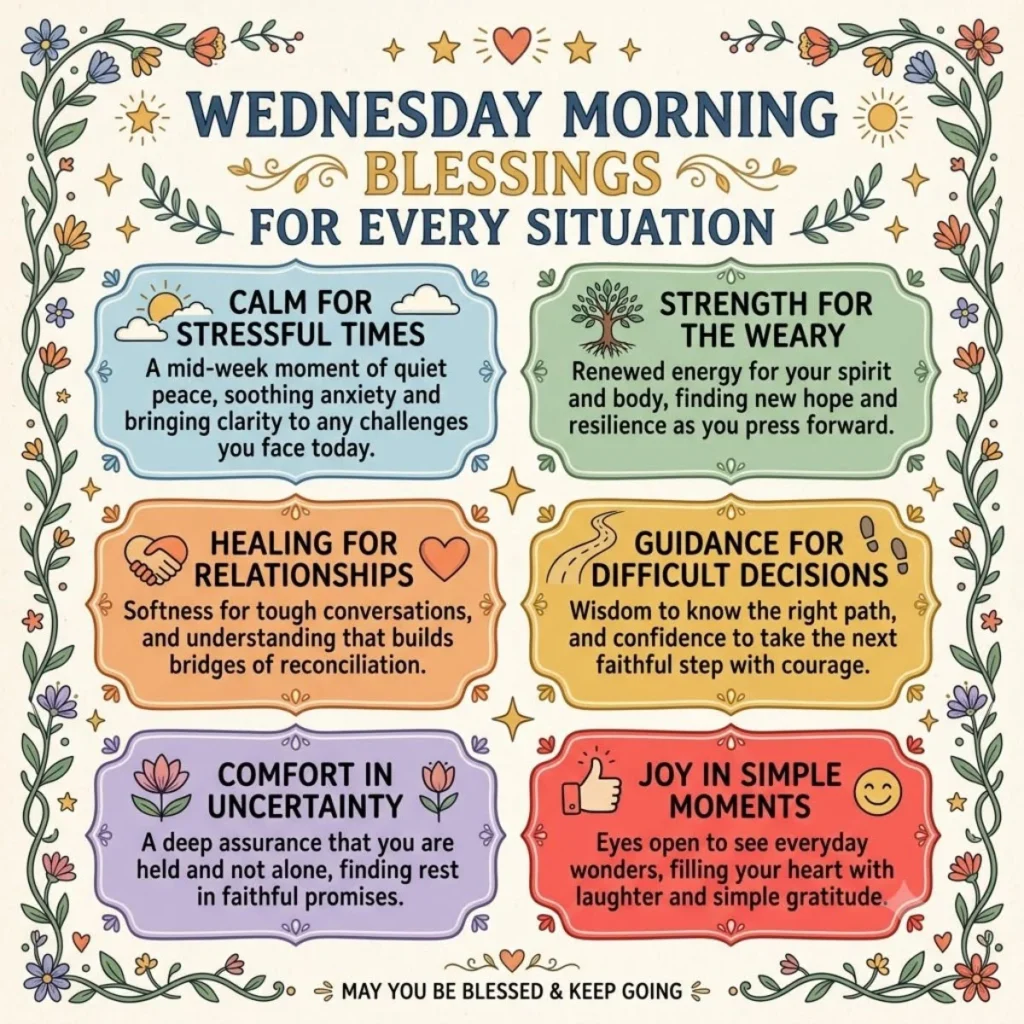 Soft pastel graphic with a cozy coffee mug and wildflowers titled Wednesday Morning Blessings for Every Situation
