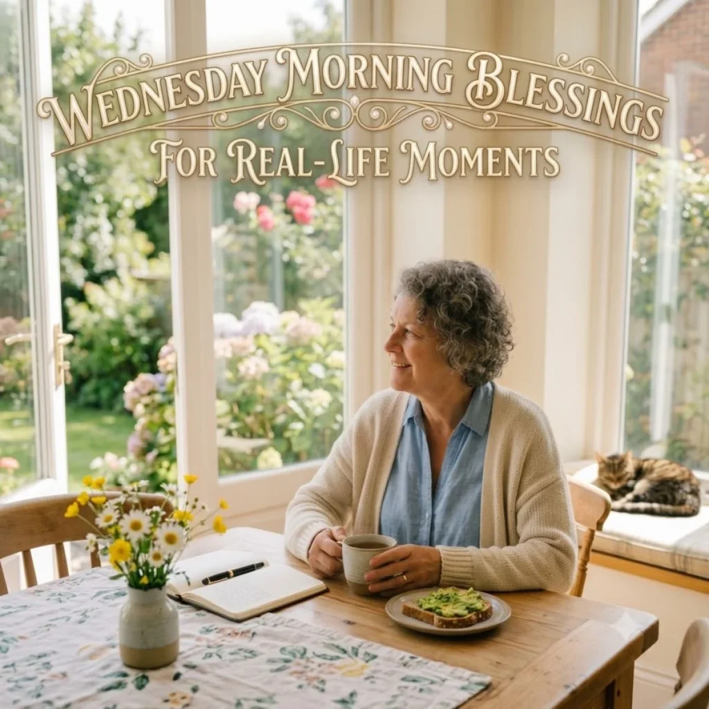 A smiling woman looks toward a sunlit window with a graphic text overlay for Wednesday morning blessings.