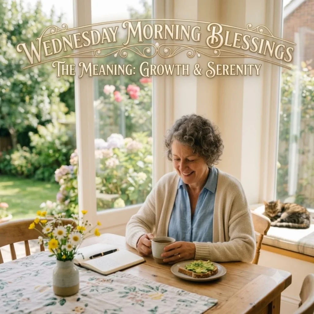 A woman enjoying tea with text overlay about the meaning of Wednesday morning blessings growth and serenity